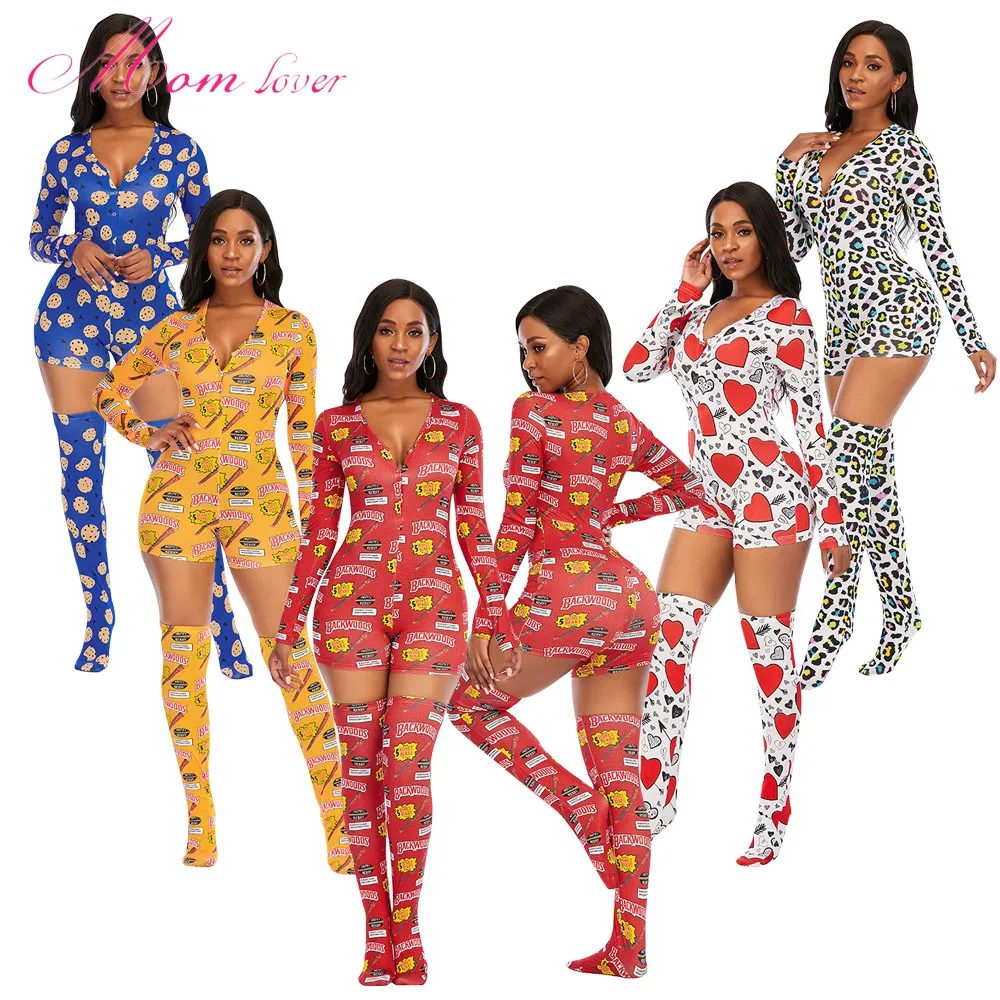 

Summer Short Sleeve Onesie For Women`s Sleepwear Socks Long Socks Night Wear Adult Onesie Pajamas With Matching Socks Bonnets, Picture