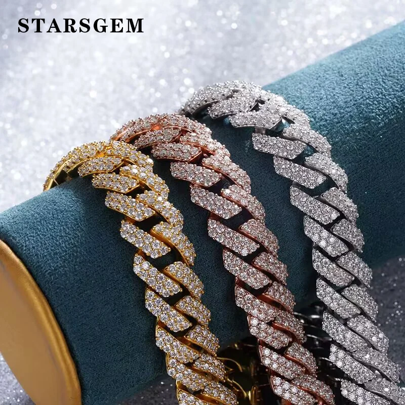 

Wholesale price Starsgem DEF round brilliant cut moissanite diamond full setting S925 silver cuban bracelet