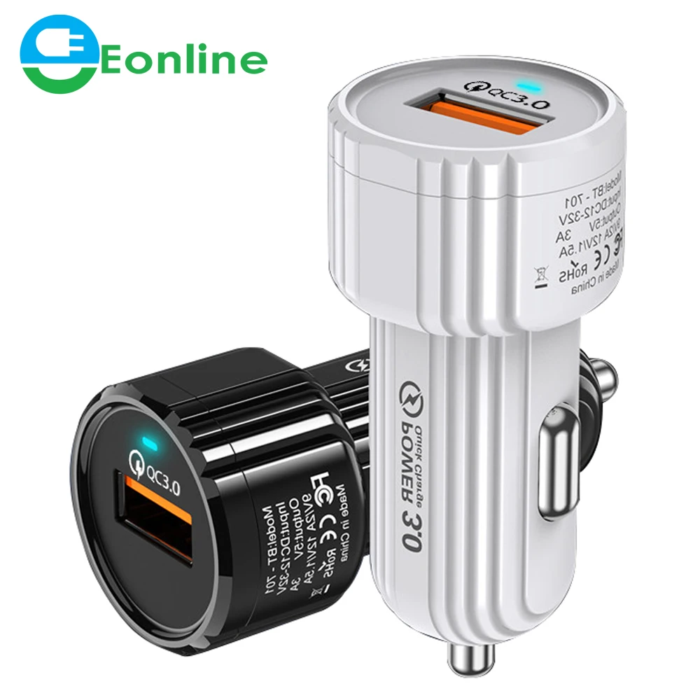 

Eonline Car USB Fast Charger 18W 3A USB Car Charger Adapter For iPhone 11 Pro Max Samsung QC3.0 Fast Car Mobile Phone Charger, Black / white