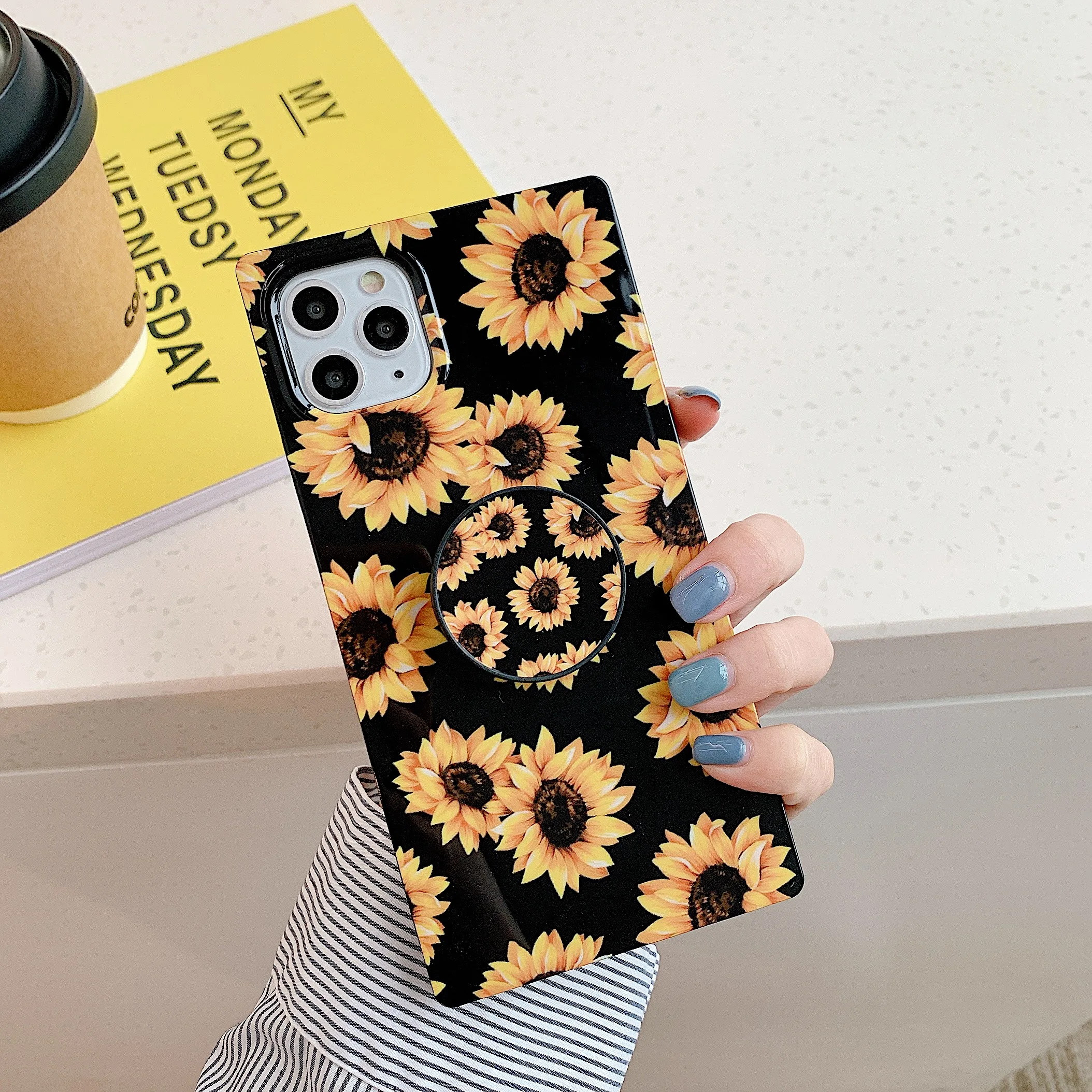 

Popular Square Cover IMD Soft TPU Shockproof Sunflower Case For iPhone 12 With Stand