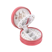 

2019 OEM Custom Logo Wholesale Fashion Portable Travel Case Organizer Round Leather Jewelry Storage Box With Zipper and Mirror