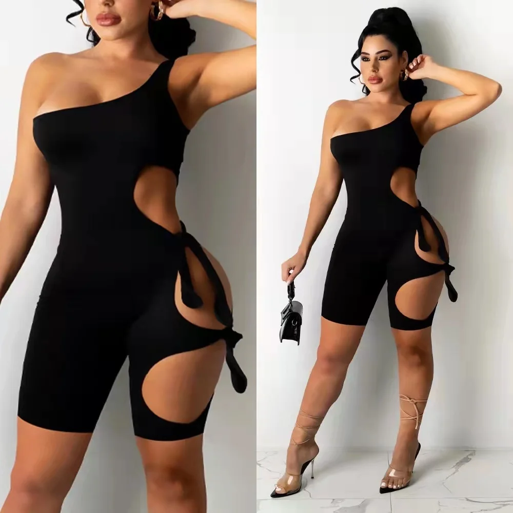 

2021 summer sexy one shoulder sleeveless cut out bodycon one piece jumpsuits shorts for women club wear, 1color as picture