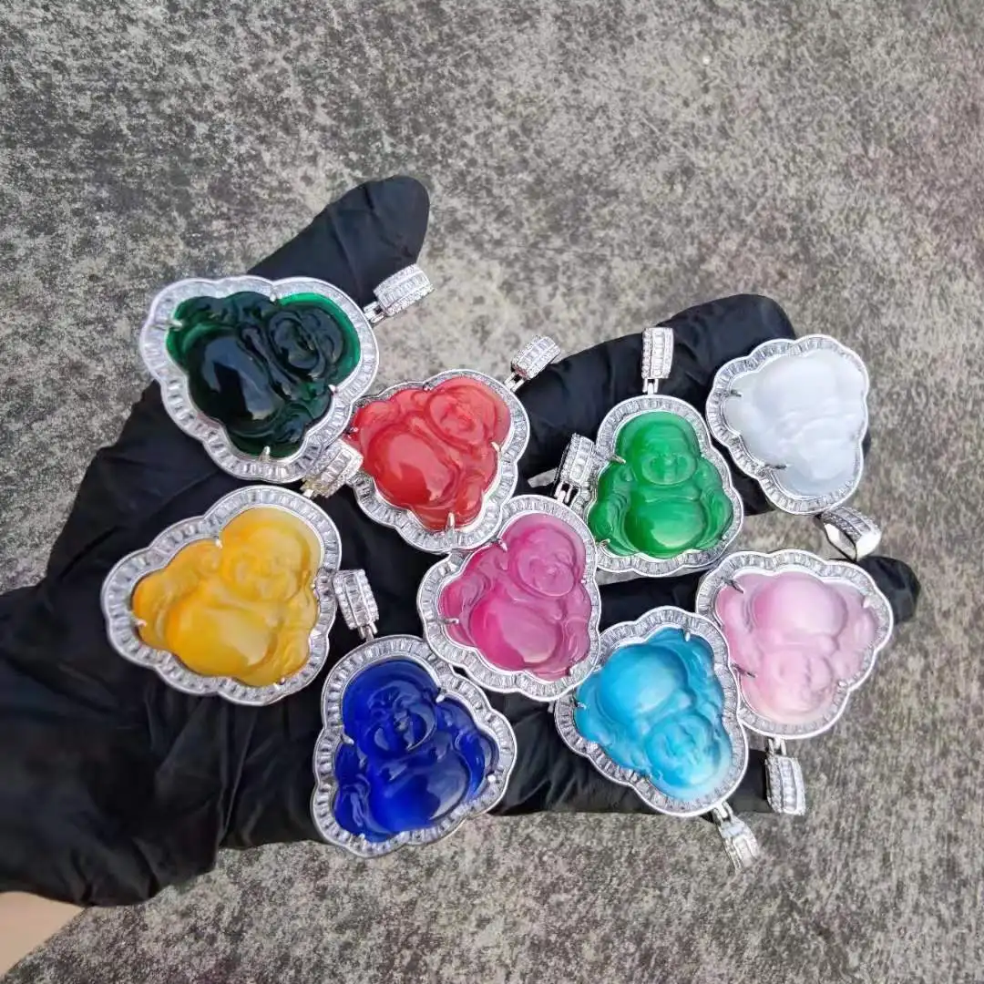 

Wholesale Hip Hop Custom Multicolor Laughing Religious Maitreya Carved Jade Buddha Pendant Necklace, Picture