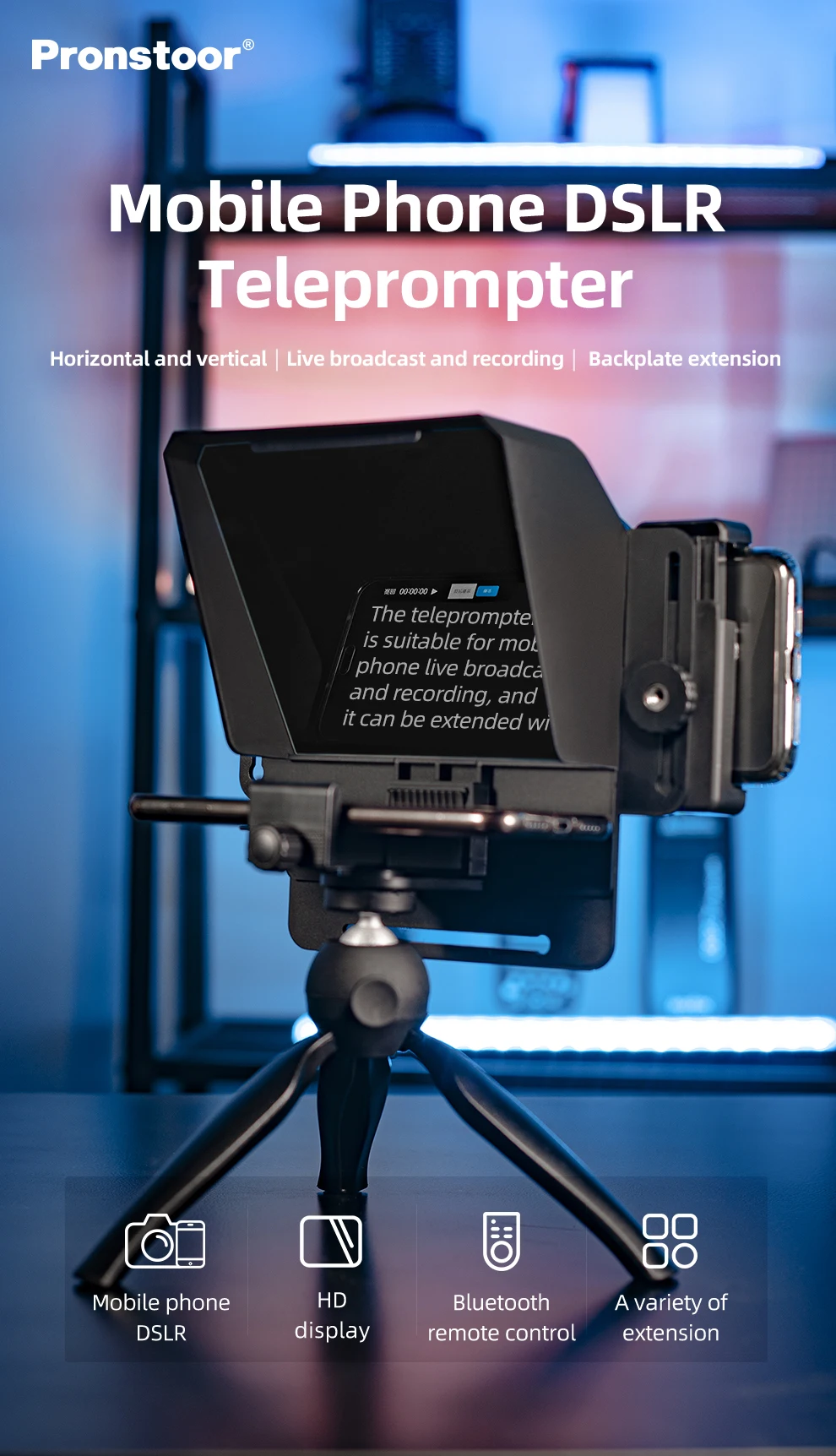 Pronstoor Phone and DSLR Recording Mini Teleprompter Portable Inscriber Mobile Teleprompter Artifact Video With Remote Control