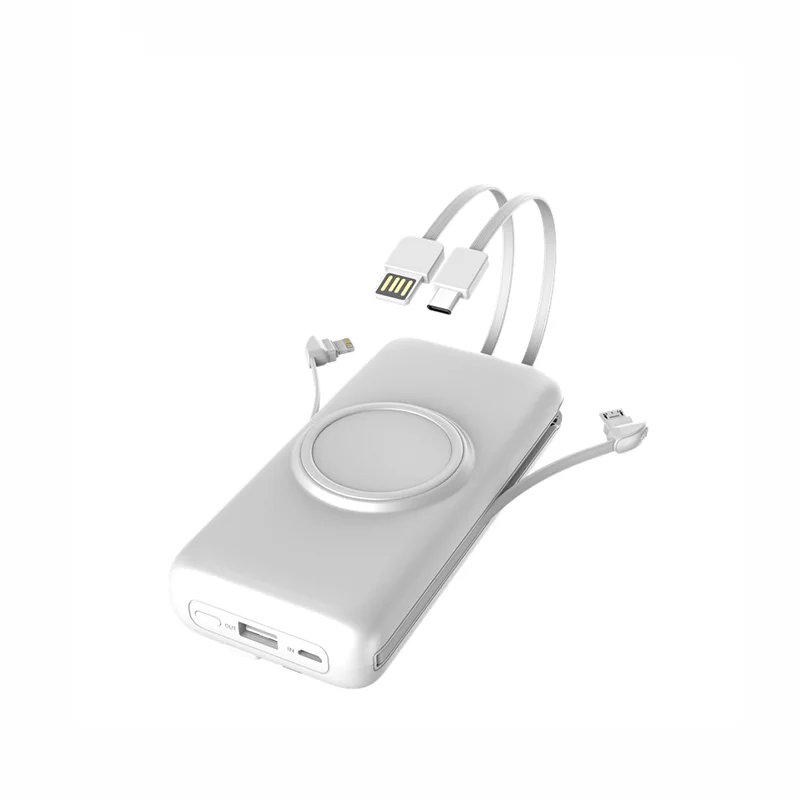 

Ultra Thin High Capacity 20000mAh Fast Phone Charging Portable Wireless Power Bank Charger with Built in Type C Micro USB Cable
