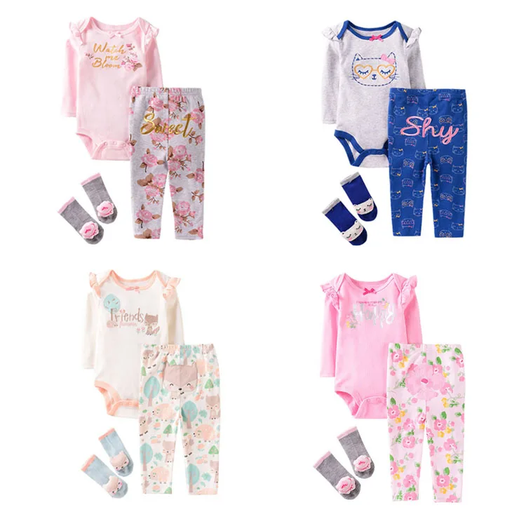 Wholesale autumn new baby girl clothing set 3 piece set 0-1 years old baby wear long sleeve jumpsuit suit