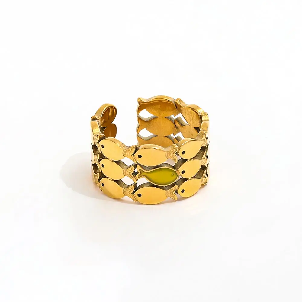 Trendy 18K Gold Plated Stainless Steel Multi-Layer Epoxy Fish Band Hollow Open Ring High-End Jewelry Gifts Parties
