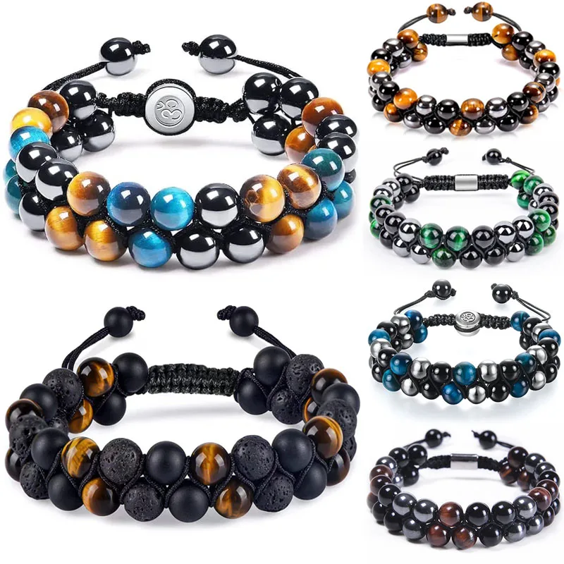 

Natural 8mm Crystal Energy blue Tiger eye Black Onyx Hematite Beads Double Woven Bracelets for Men