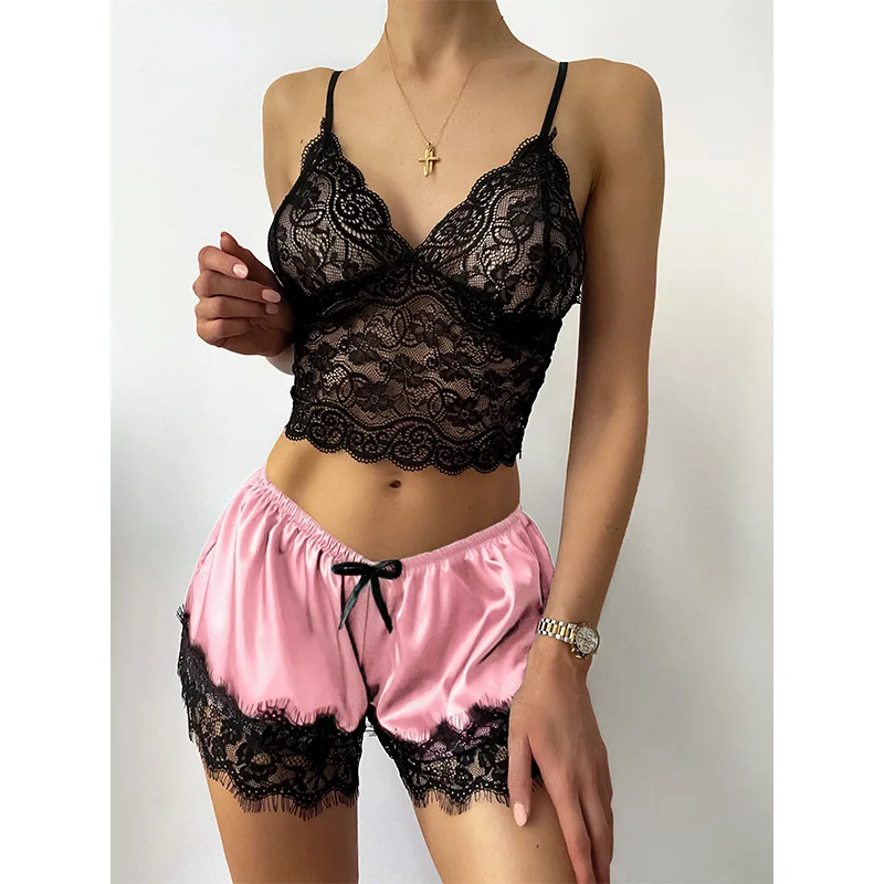 

Hot Women Sexy Lingerie Sleepwear Lace Bralette Lace Cami Hot Transparent Mature Women Babydoll 2pc Satin Pajama Sets, As shown,accept to custom