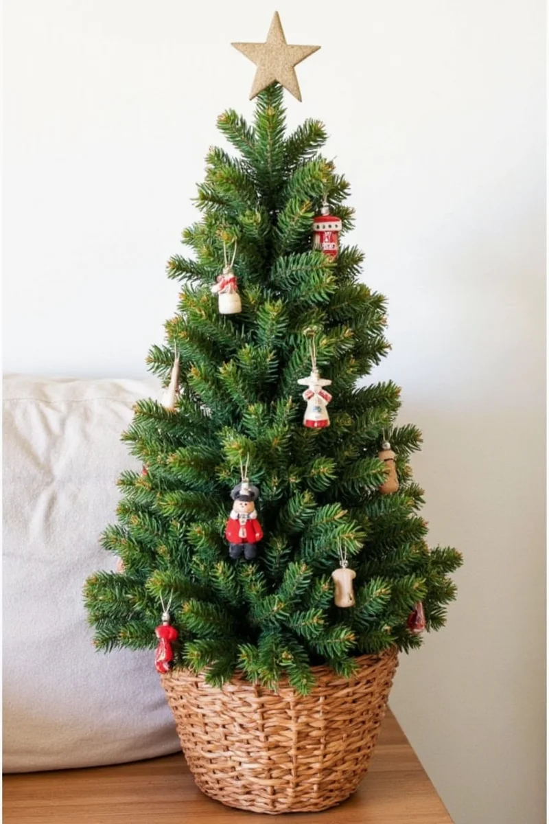 Coastal themed Christmas tree in a basket with seashells and blue lights
