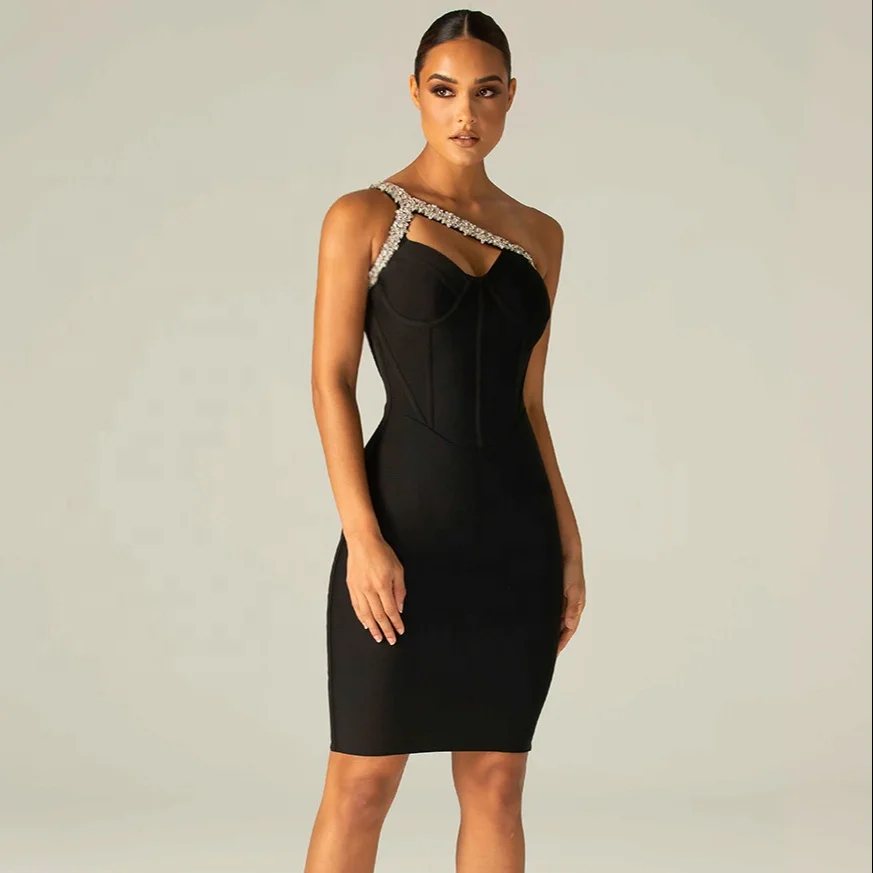 

2021 Spring Bodycon Oblique Shoulder Bandage Dresses Rhinestone Party Woman Sexy Bandage, Black