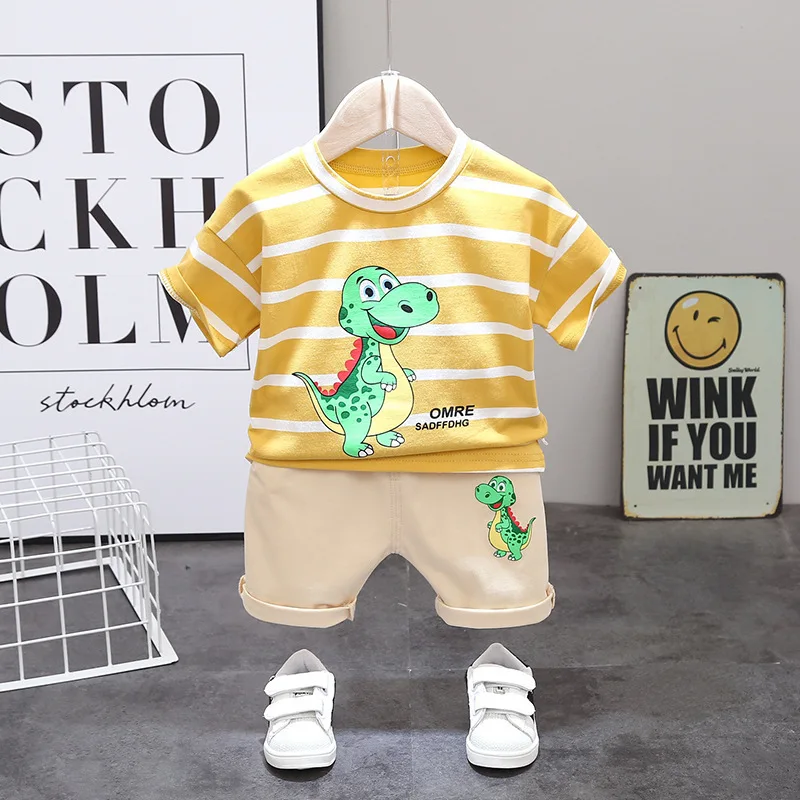 

New toddler clothes +boy's short strip Dinosaur print boy's clothing sets 0-4Y suits for little boys children wear, Yellow/green/blue