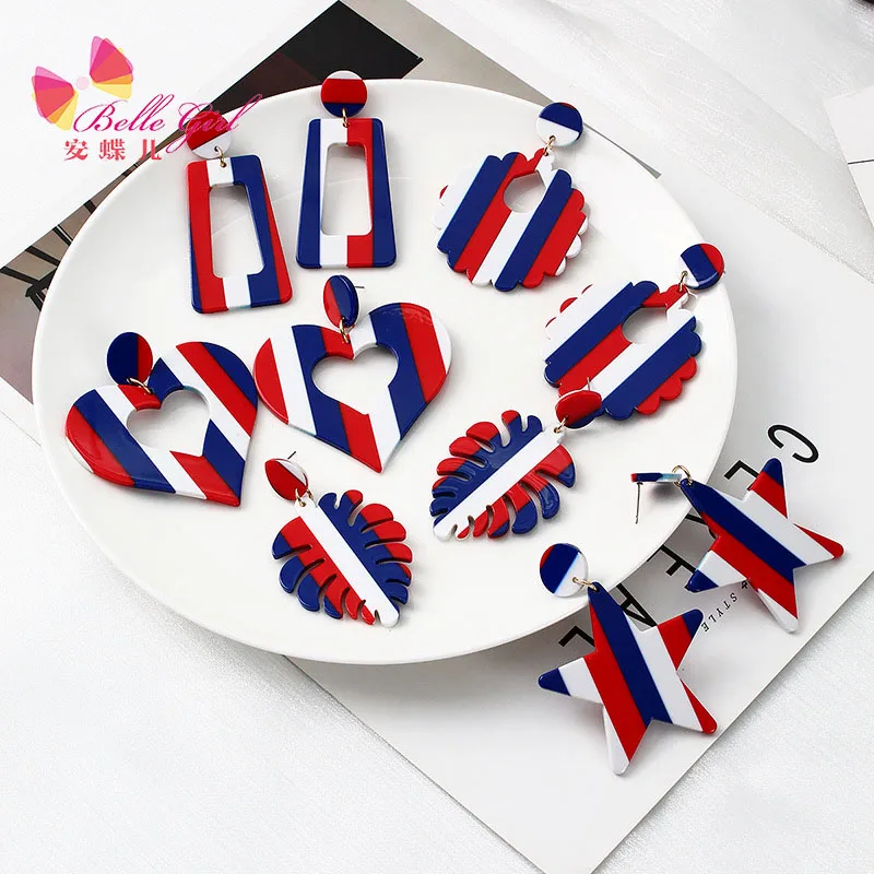 

BELLEGIRL Korean high-grade metal textured earrings set Independence Day acrylic red white blue stripe acetate women earrings