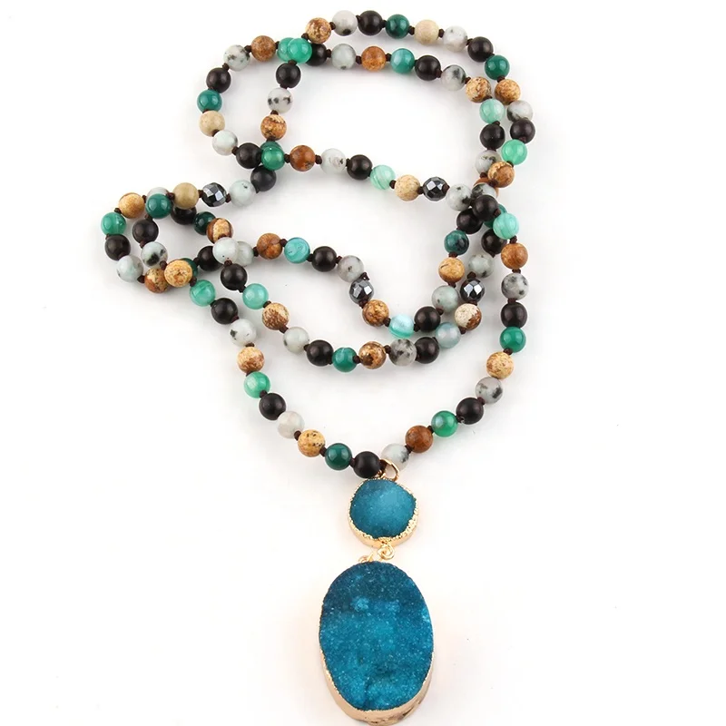 

Fashion 6mm Women Knotted Pic Jasper Green Stripe Gemstone Necklace Blue Oval Druzy Pendant Necklace