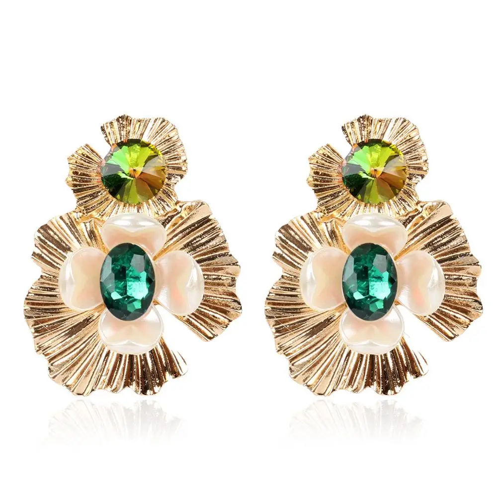 

New Arrival Creative Antique Gold Plating Petal Rose Flower Stud Earrings Vintage Emerald Crystal Flower Stud Earrings