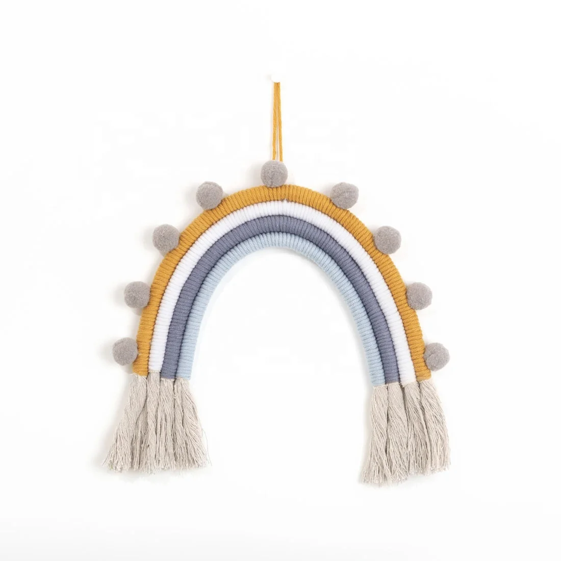 

Rainbow Wall Hanging Pom Poms Rainbow Wall Art Handmade Macrame Rainbow Wall Decor for Nursery Kids Room Home Decor, As photo showing