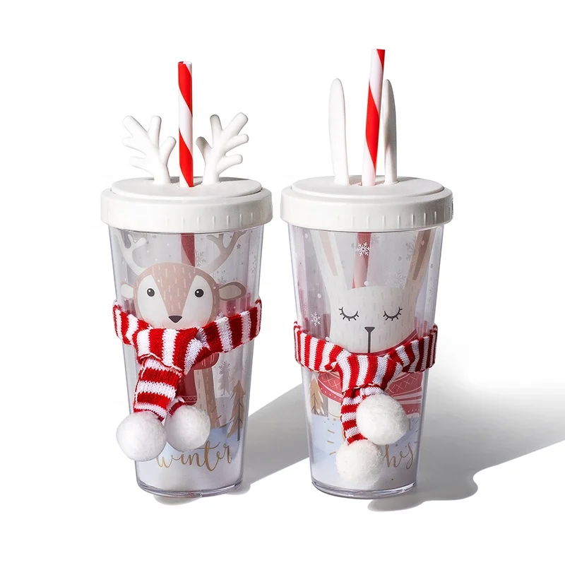 

Reindeer Christmas Mugs Kids Cute Tumbler Cups Christmas Gift Scarf decoration Plastic Cups With Lids And Straw Custom logo, Bunny & fawn