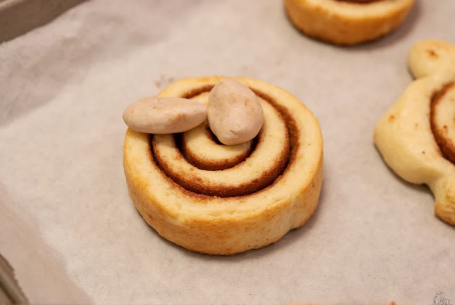 Finished cute cinnamon buns arranged in thematic patterns with deliberate icing application on decorative parchment