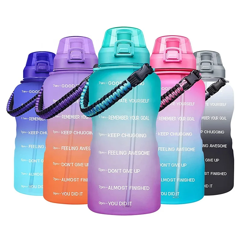 

High quality custom logo 64oz 1 gallon PETG plastic motivational sports water bottle online BPA free with time markers, 6 color