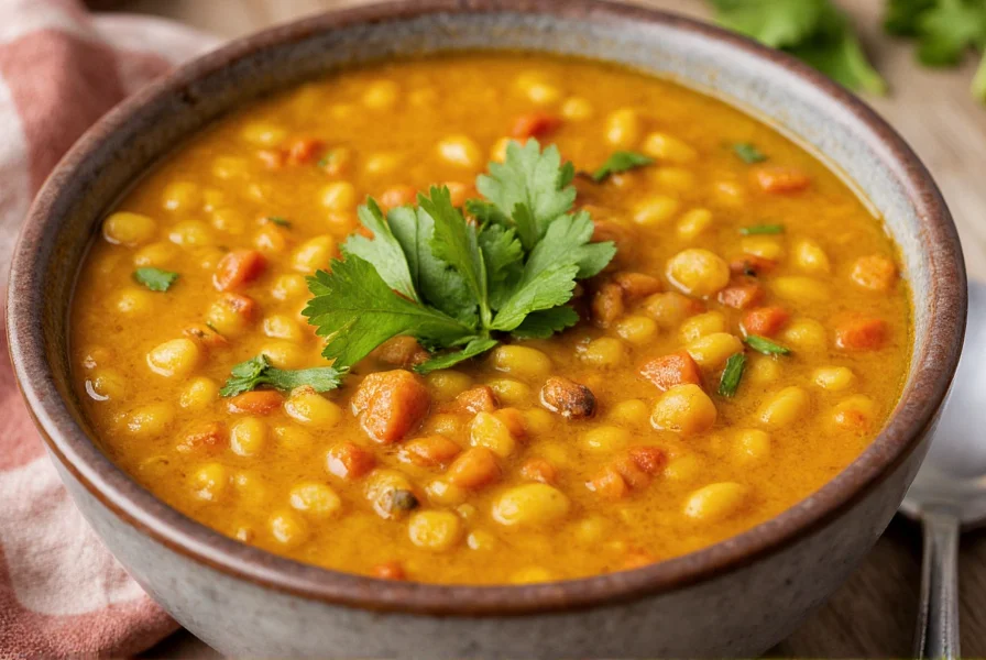 Colorful bowl of turmeric and cumin spiced lentil soup with fresh cilantro garnish