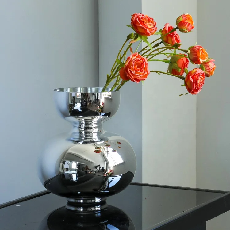 

Bixuan Modern Luxury Stylish Glass Vase Bottle Gourd Shape Electroplating Silvery Lustre Table Decor Centerpiece Vase, 25 cm