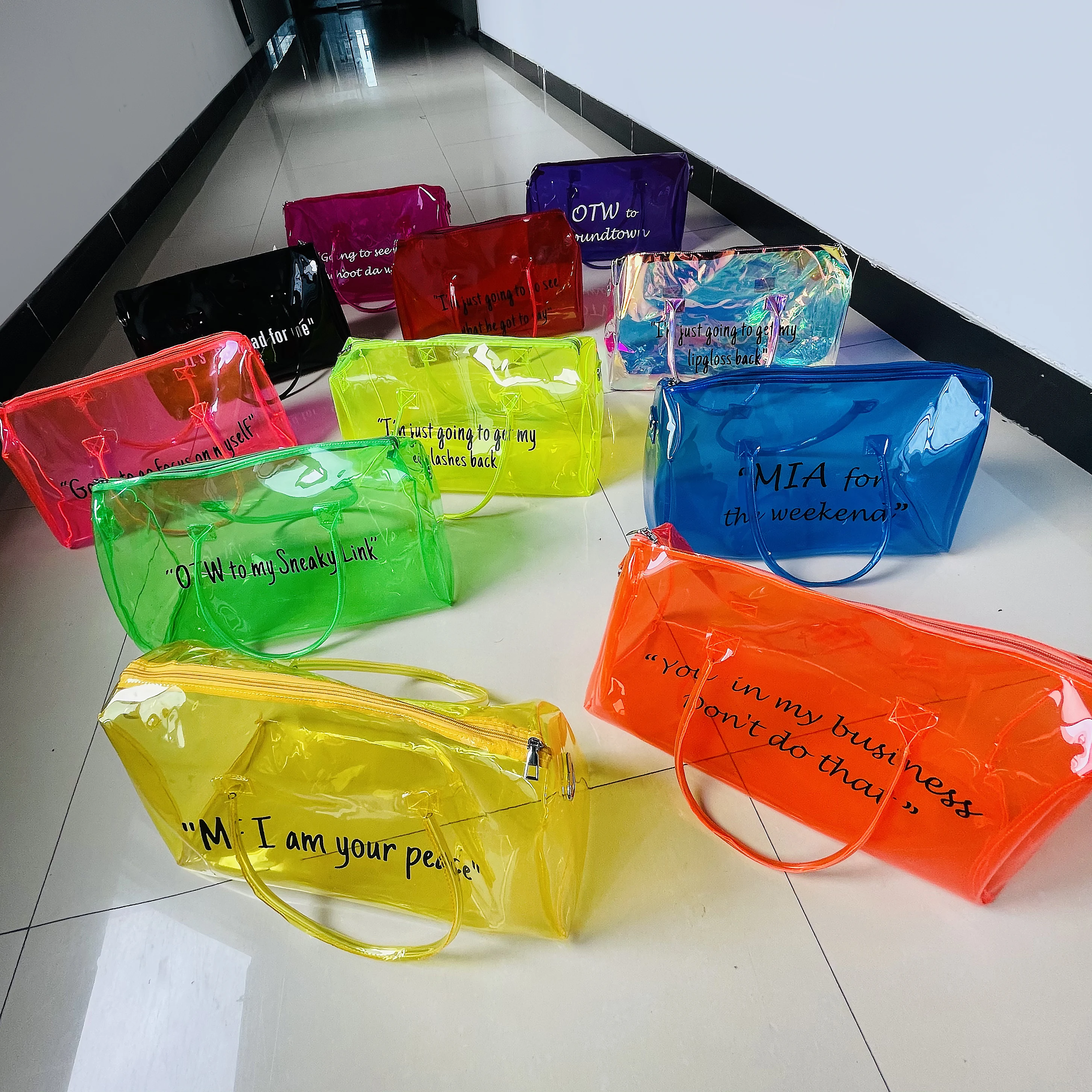 

OEM cheap clear overnight tote bag gym custom fashion sneaky link bags overnight PVC spend da night bag, As pic