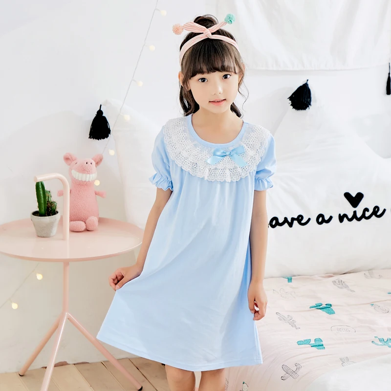 

Newest Design 100% Cotton Lace Round Neck Casual Short Sleeve Boutique Princess Dresses For Girls, Blue baby girls princess dress