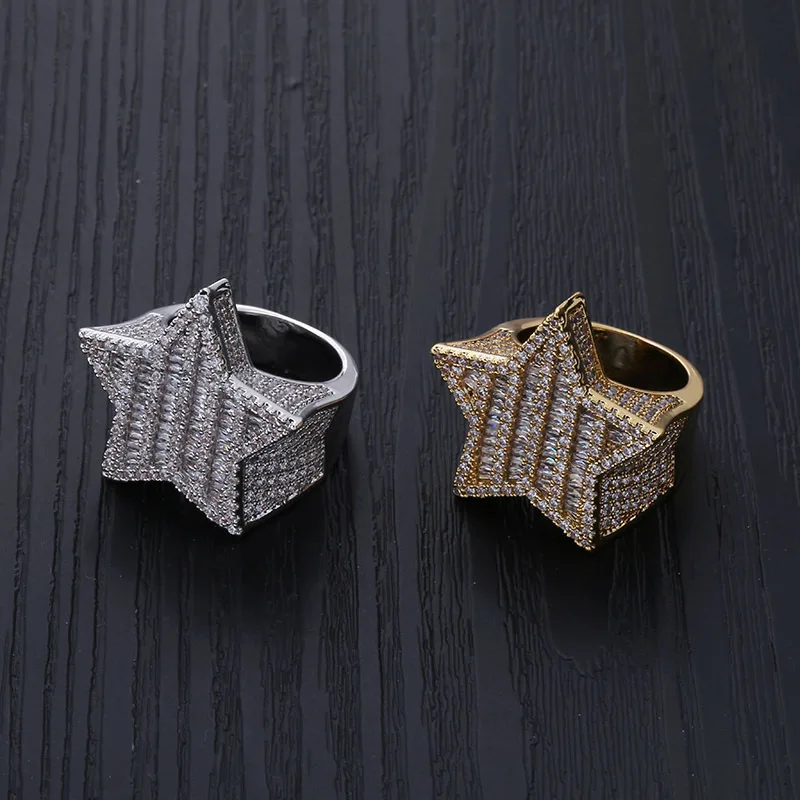 New European France Style Creative Design Gold Silver Color Five-pointed Star Ring Big Zircon Shiny Hip Hop Finger Ring Jewelry