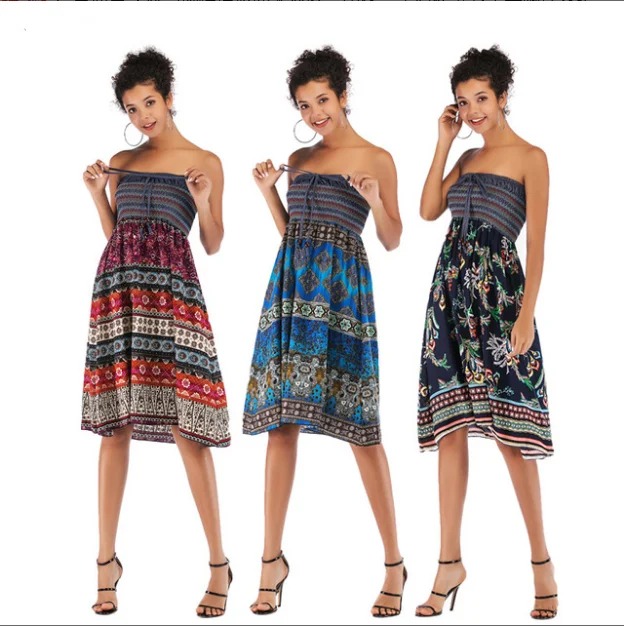 

Springway Summer Print A-line Strapless Elegant Dress Women Elastic Straps Lace Up Backless Sexy Girls Dresses, Blue,red,navy