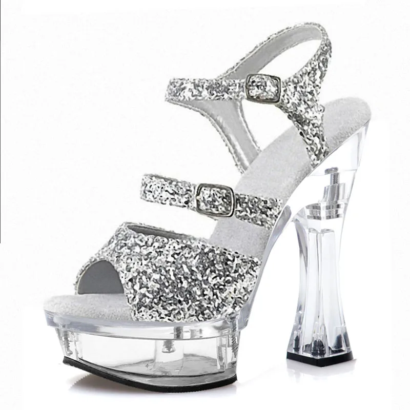 Flash Powder Bride 14cm Peep Toe Strip Catwalk Pole Dance Coarse Heel Platform Slippers Size 46 Fashion Exotic Dancer Sexy Women