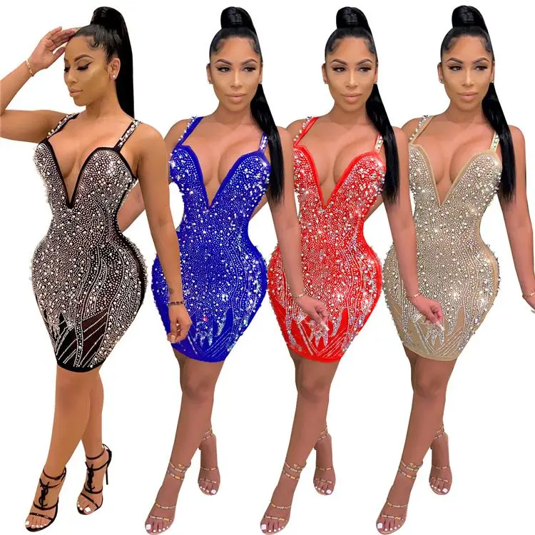 

Fashion Clothing 2020 Hot Drilling Pearl Beading Club Dresses Sexy V Neck Suspender Women Party Bodycon Mini Dresses