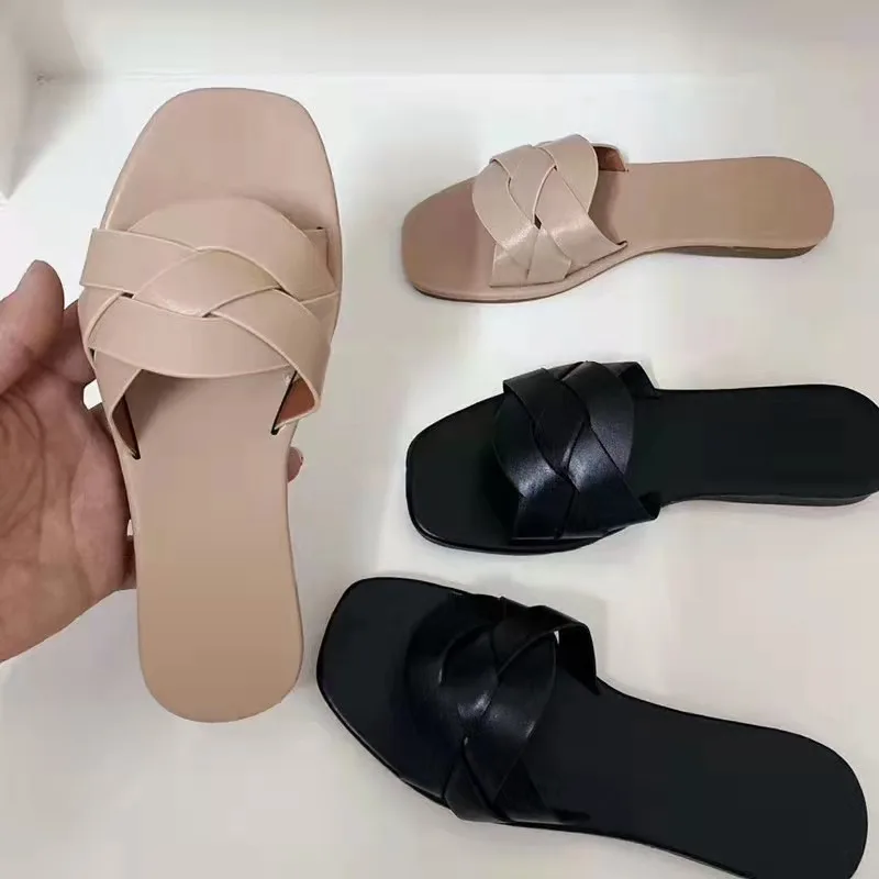 

2021 Summer Beach Shoes Woman Retro Thin Straps Open Toe Plus Size Flat Slippers For Ladies Breathable Hollow Women Slides