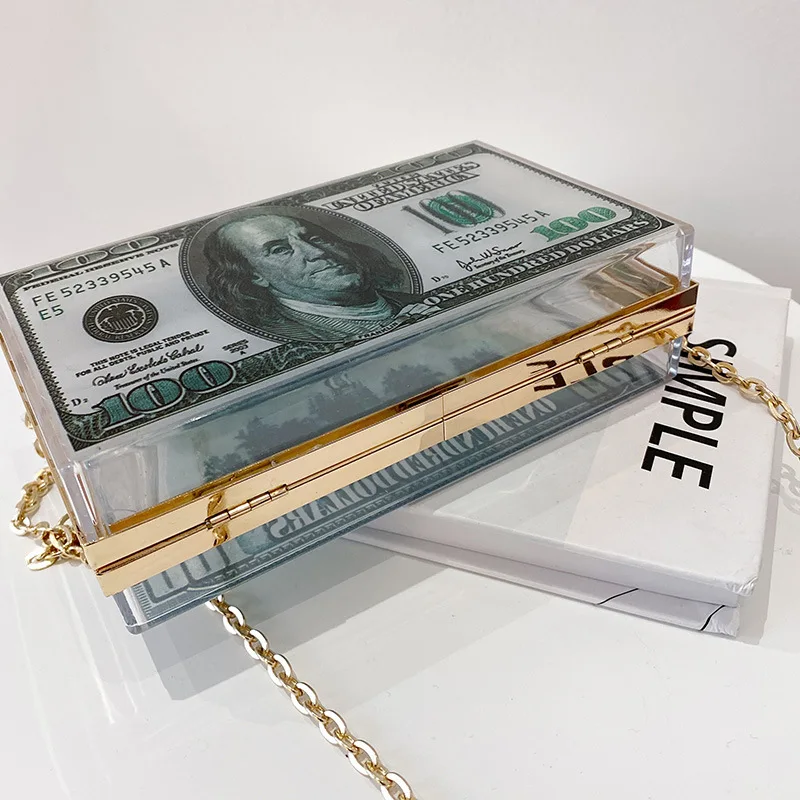 

2021 Fashion Acrylic Box Bag Hanbags Dollar Chain Shoulder Bag Handtasche Unique Handbags, Picture color