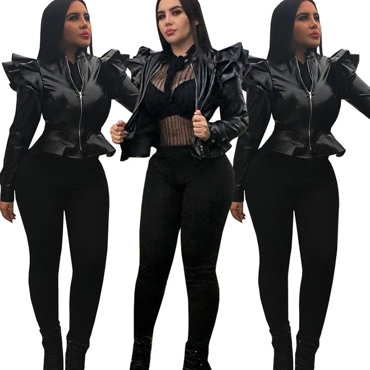 

JTM Short Style Ruffles Black Plus Size Leather Jackets For Women