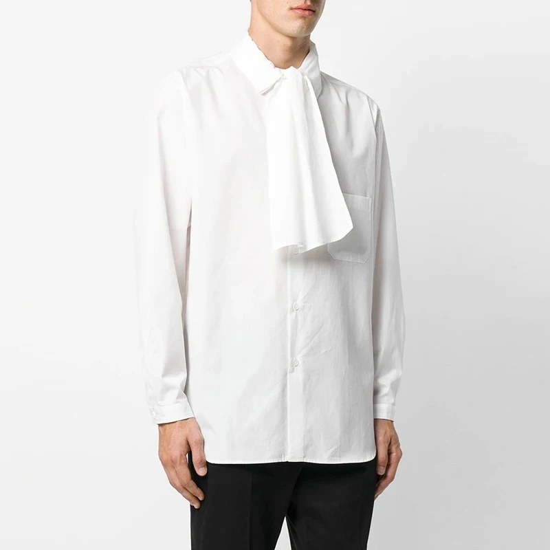 

Men's shirt White Casual Sewing Double-layer Scarf Cotton New Autumn And Winter Long Sleeve Shirt Hairdresser Singer