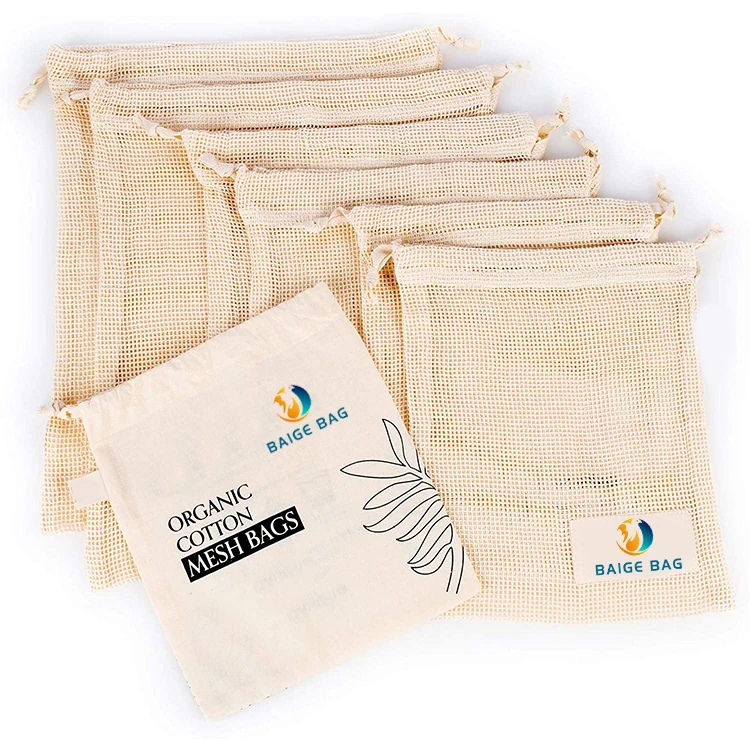

BSCI GOTS certificate organic cotton reusable grocery mesh bag drawstring mesh set, Customized color