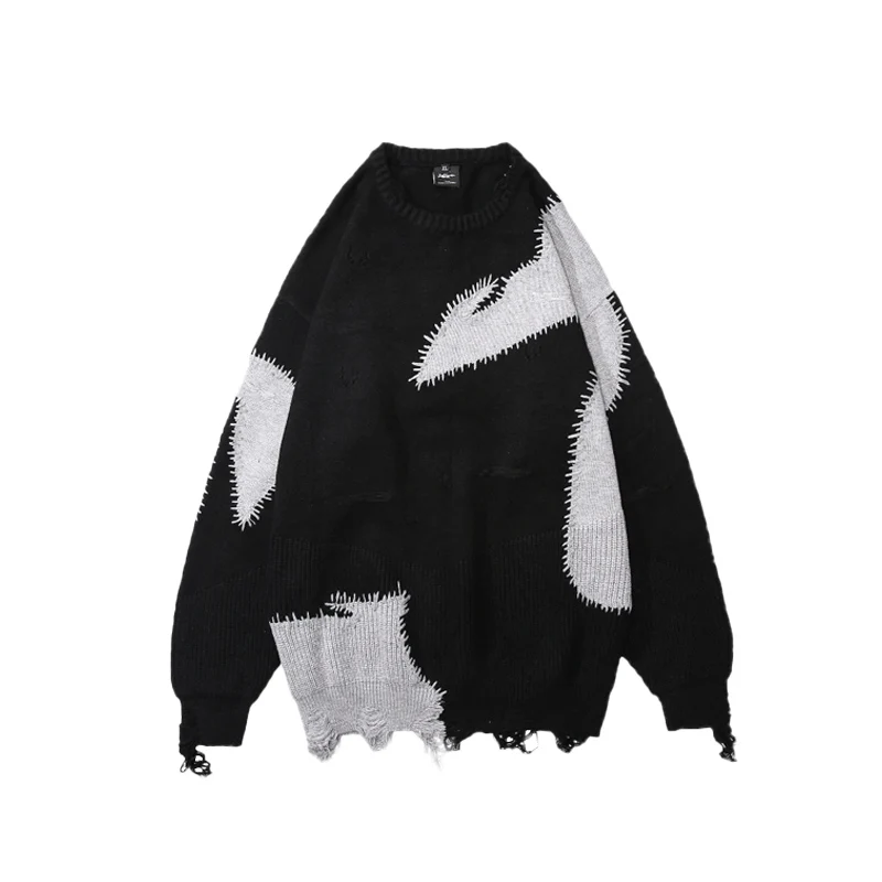 

Irregular deconstruction ripped round neck sweater unisex loose and oversized design distressed knit fashion sweater, Customized color