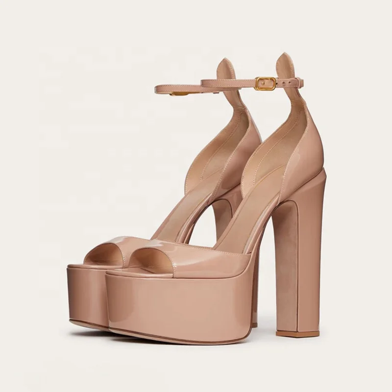 

Outdoor Summer Sandal Open Toe Pumps Shoes Women Patent Upper Ankle Strap Square High Heel Shoes for Teenagers Dress Big Size 43