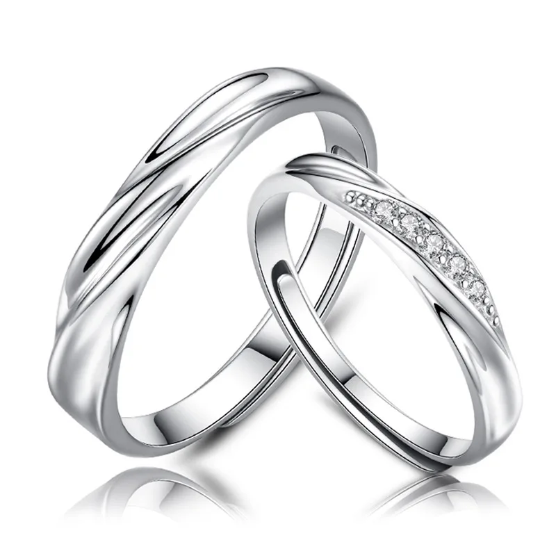Adjustable 925 Silver Couple Ring for Wedding Engagement Jewelry Zircon Crystal Rings for Women Men