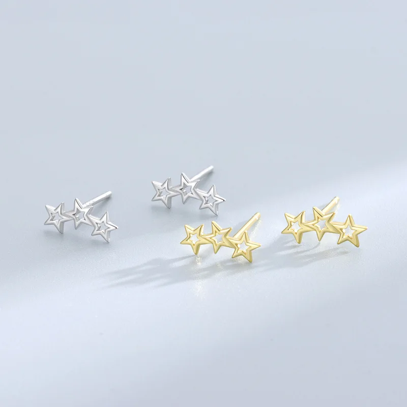 Simple Style 925 Sterling Silver Hollow Star Stud Earring Dainty Gold Plated Three Star Earring For Women Everyday