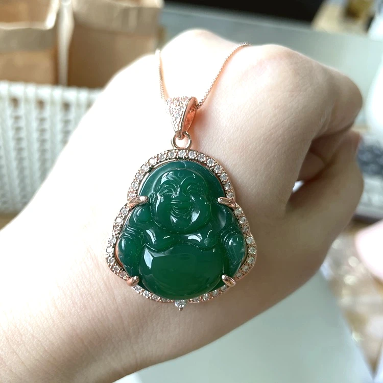 

2021 Hot Sell Clear Small Jade Mini Agate Tennis Mens Women Gold Green Laughing Happy Buddha Necklace