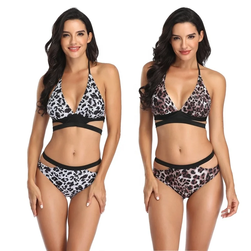 

Women Low Price Beachwear Swimwear Lace-up Halter Neck Bra Tops with Briefs Leopard Bikini Swimsuit