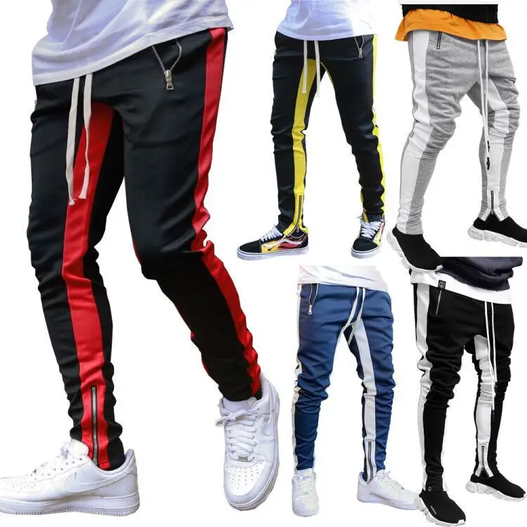 

Drop Shipping 2021 Mens Sweat Jogger Pants Tapered Pantalon De Hombre Skinny Cargo Zip Double Pocket Pants With Side Stripes, As pictures