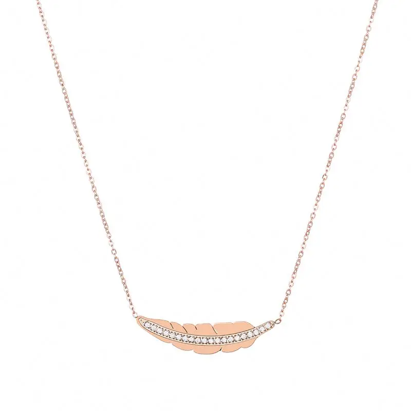 

Latest Design High Quality Rose Gold Plated Stainless Steel Zirconia Feather Pendant Necklace, Rose gold color