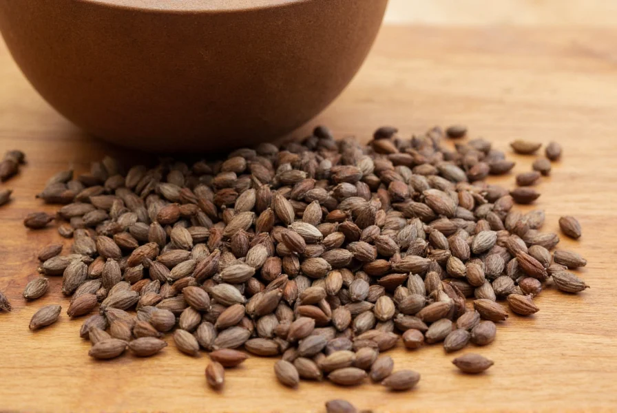 Close-up photograph of anise seeds on wooden cutting board with mortar and pestle, showing their distinctive crescent shape and grayish-brown color