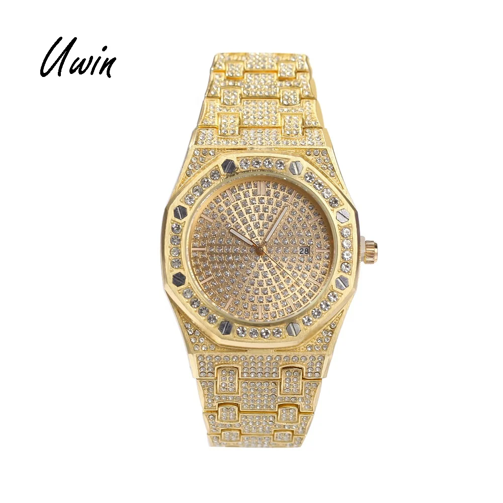 

Fully Rhinestone Hip Hop Watch Men Luxury Bling Iced Out Gold Pink Silver Wrist Watches, Gold, silver, rose gold
