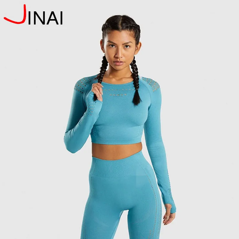 
Apparel Stock Ready To Ship Sports Clothing Women Seamless Crop Top Quick Dry Thumb Hole Long Sleeve 
