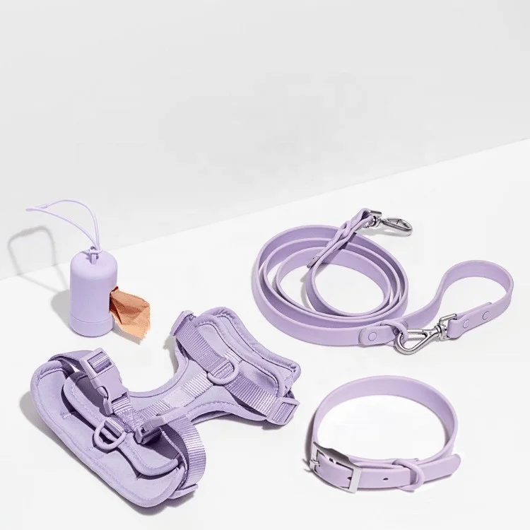 

Hot Selling Factory Wholesale Custom Logo purple PVC Soft Hunting Waterproof small pet Dog Collar And Leash Harness Set, Lilac, navy blue, light pink, grey, black, green