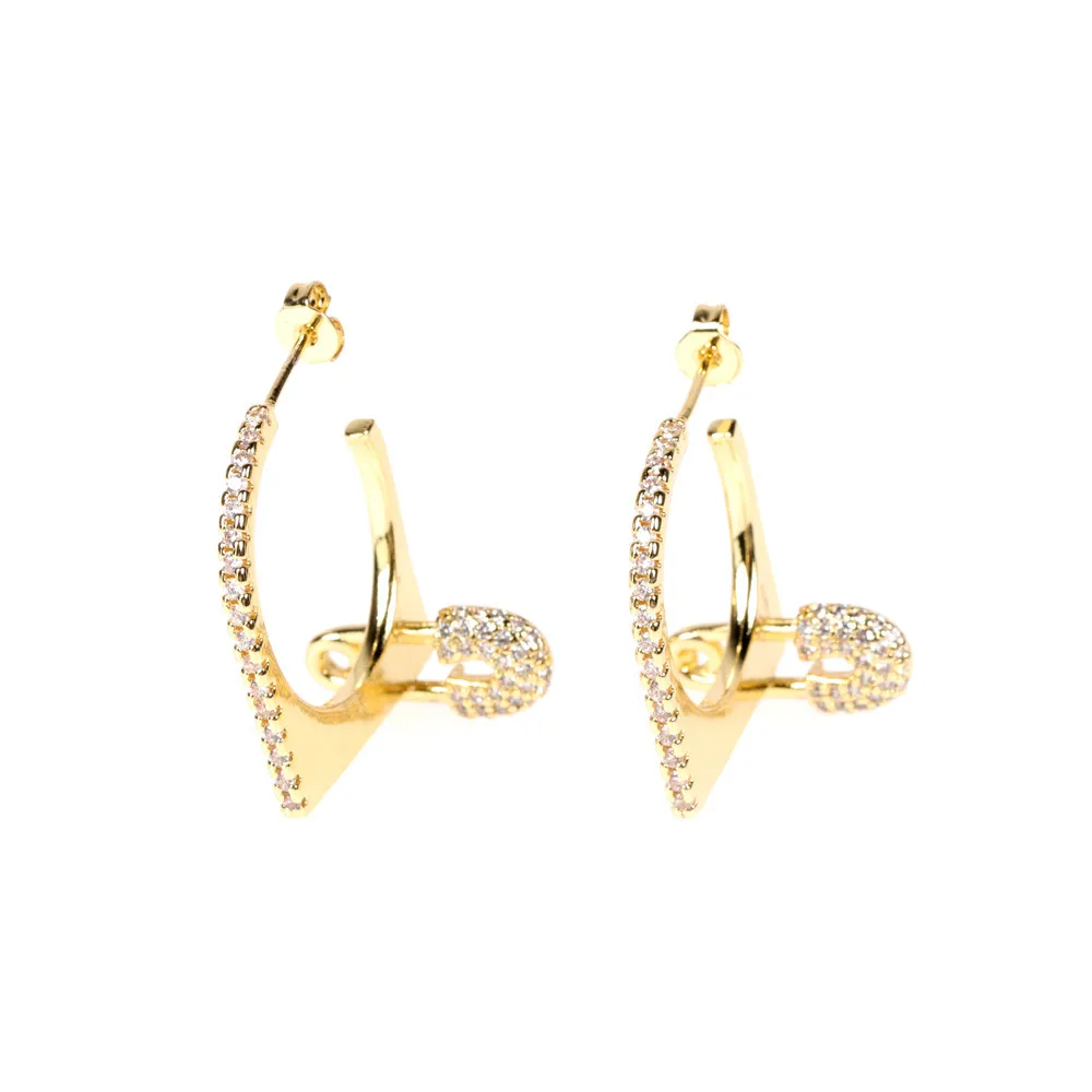 

Luxury Punk Hip Hops Gold Plated Bling Diamond Crystal Paperclip Stud Earrings CZ Cubic Zirconia Geometric Hoop Earring