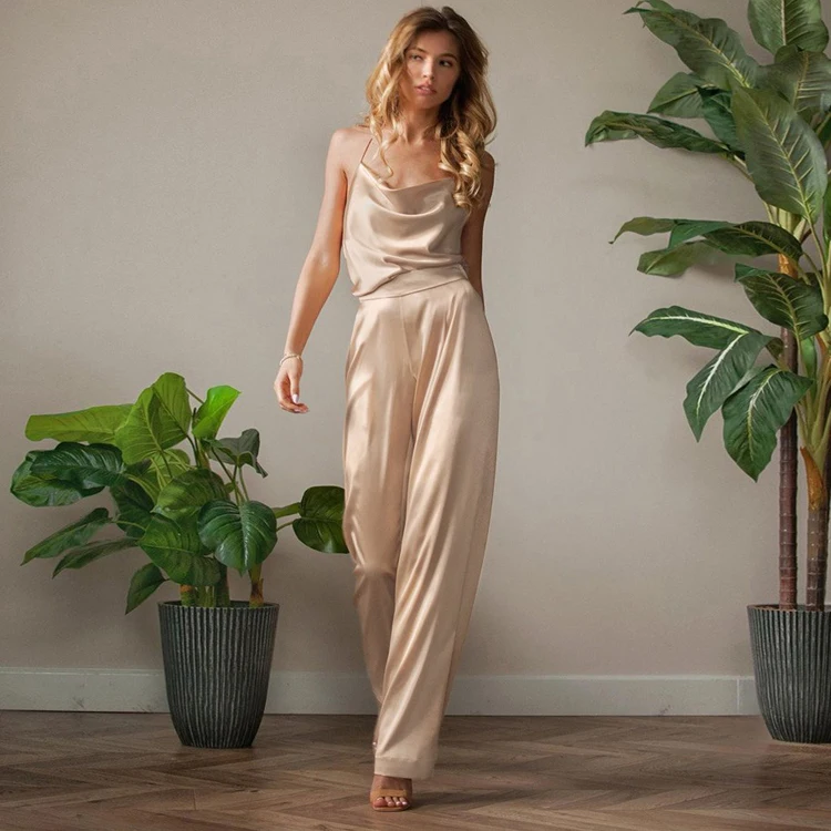 

Summer Casual French Elegant Satin Champagne Sexy Loungewear Camisole High Waist Wide Leg Pants Two Piece Pants Set